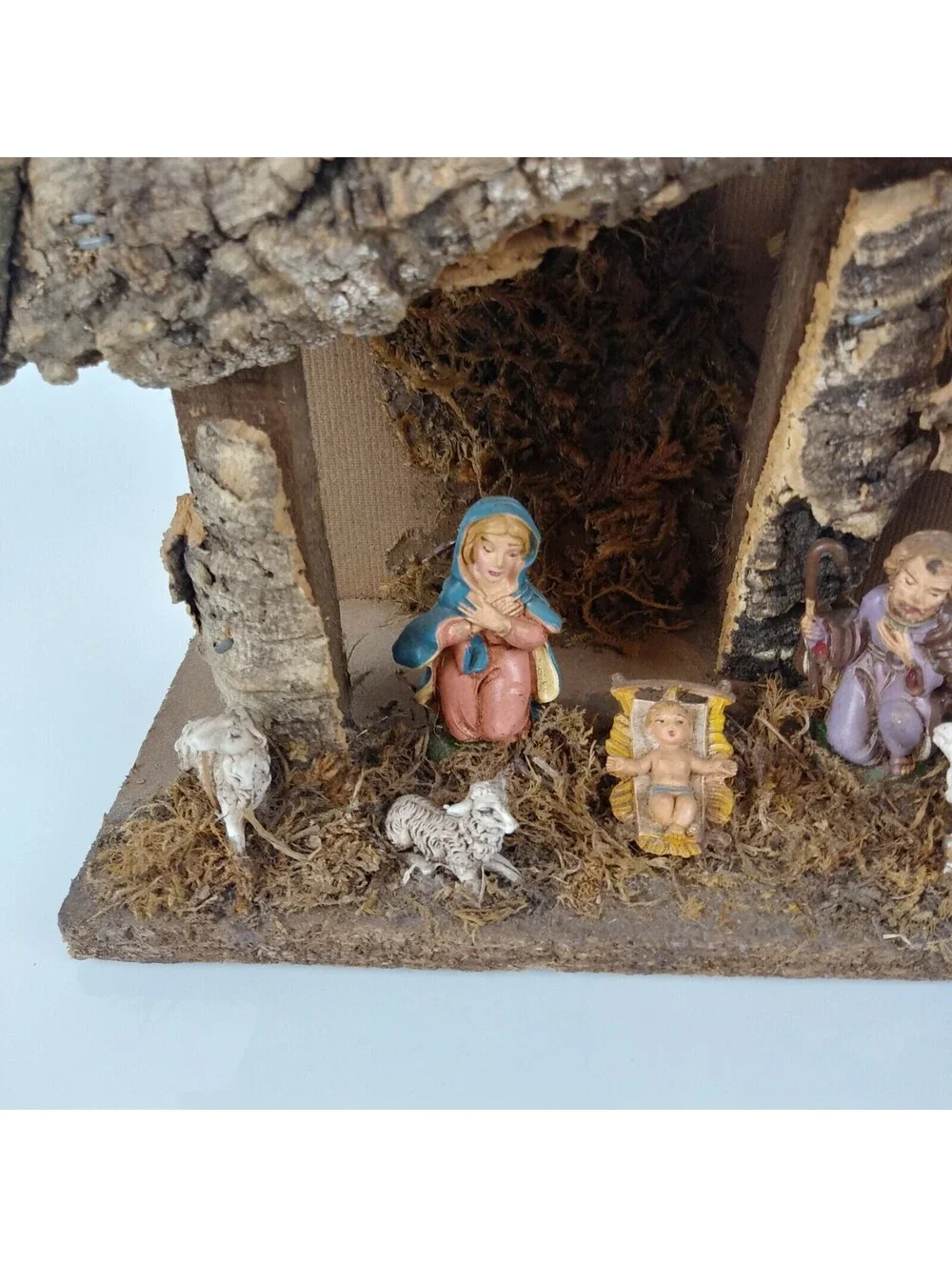 Vintage Nativity Creche Holy Family Scene Wood Wooden with Plastic Figures Italy